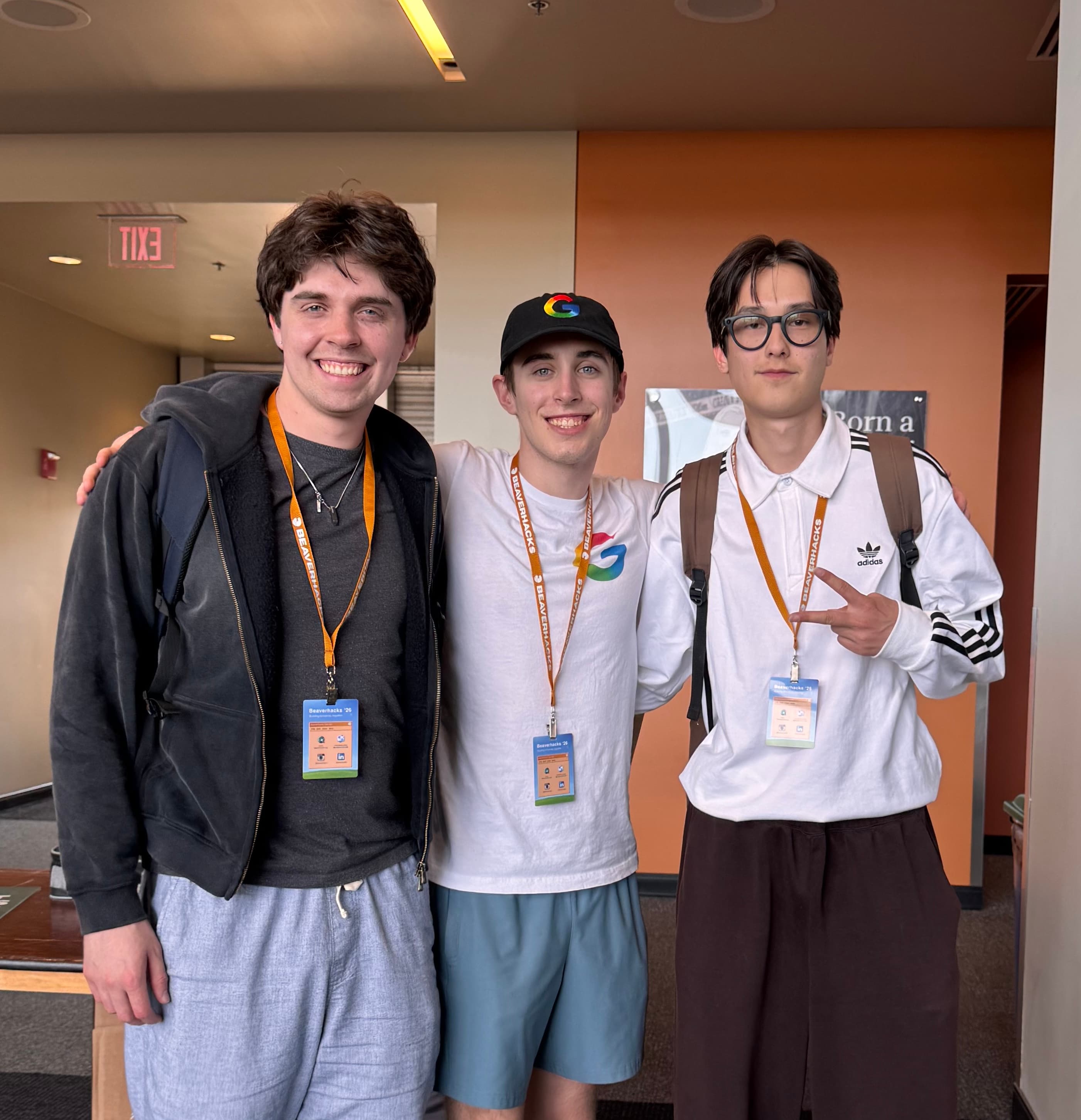 Jak and I posing with the Google ambassdor Will Teyema after winning third place in BeaverHacks 2026 with our project SPOOT: Sound Point Of Origin Tracker.